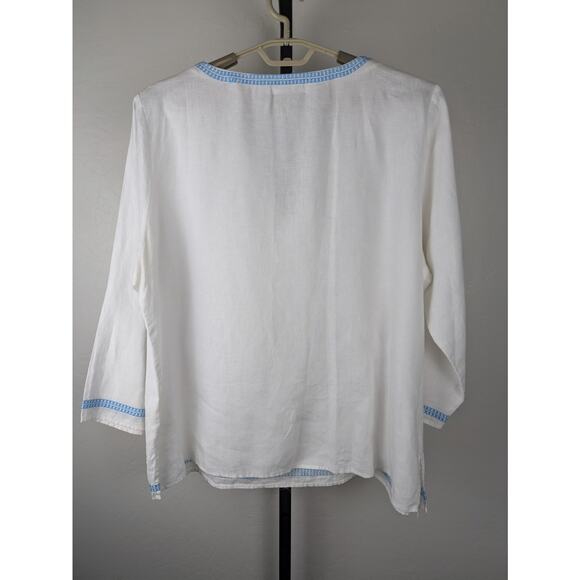 For Cynthia white linen tunic top turquoise blue stitching detail measures 3X - Picture 2 of 6